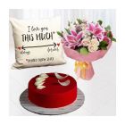 Bunch Of Exotic Mix Flowers Half Kg Red Velvet Cool Cake Photo Cushion