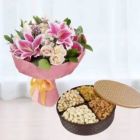 BUNCH OF LILIES CARNATIONS WITH BOX OF ASSORTED DRYFRUITS