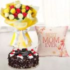 BUNCH OF MIXED COLOUR ROSES HALF KG BLACK FOREST CAKE WITH PHOTO CUSHION