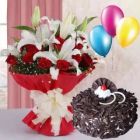 BUNCH OF RED ROSES WHITE LILIES WITH CHOCOVANILLA CAKE WITH 3 BLOWN BALLOONS