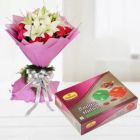 BUNCH OF WHITE LILIES WITH RED CARNATIONS WITH HALF KG BADAM HALWA