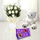 BUNCH OF WHITE ROSES WITH 6 INCH TEDDY BEAR WITH SET OF 2 DAIRY MILK SILK CHOCOLATE