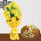 BUNCH OF YELLOW LILIES WITH YELLOW GERBERAS WITH HALF KG ASSORTED DRYFRUITS