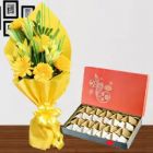 BUNCH OF YELLOW MIX FLOWERS WITH BOX OF 1 KG KAJU KATLI