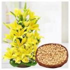 EXCLUSIVE LILIES 2 FEET HEIGHT ARRANGEMENT WITH BASKET OF HALF KG ALMONDS