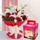 EXOTIC ARRANGEMENT OF RED ROSES AND WHITE LILIES WITH BOX OF RASGULLAS