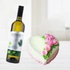 HEART SHAPE VANILLA CAKE WITH BOTTLE OF WHITE WINE