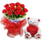 KEEP LOVING 12 RED ROSES WITH 12 INCH WHITE TEDDY BEAR 