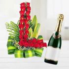 L SHAPE RED ROSES ARRANGEMENT OF 35 RED ROSES WITH BOTTLE OF CHAMPEGNE