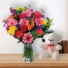 MIX FLOWER BOUQUET WITH 6 INCH TEDDY BEAR