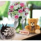 MIX FLOWERS IN GLASS VASE WITH 6 INCH TEDDY BEAR WITH CHOCO VANILLA CAKE