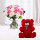 PINK AND WHITE ROSES VASE ARRANGEMENT WITH 6 INCH HEIGHT RED TEDDYBEAR