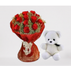 15 RED ROSES WITH 6 INCH WHITE TEDDY BEAR 