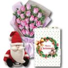 UNCH OF 20 PINK ROSES WITH SANTA CLAUS SOFT TOY AND CHRISTMAS GREETING CARD