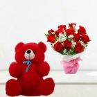 VALENTINE 10 RED ROSES BUNCH WITH 1 FEET HEIGHT RED TEDDYBEAR