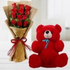 VALENTINE BUNCH OF 12 RED ROSES IN JUTE PACKING WITH 1 FEET HEIGHT RED TEDDYBEAR