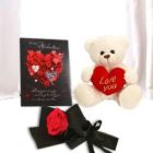 VALENTINE SINGLE RED ROSE WITH 8 INCH WHITE TEDDYBEAR WITH VALENTINE DAY CARD