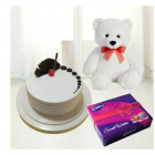 BOX OF CELEBRATION ASSORTED CHOCOLATES WITH 6 INCH WHITE COLOUR TEDDY BEAR WITH VANILLA CAKE