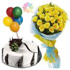 VANILLA FRESH CREAM CAKE WITH BUNCH OF 25 YELLOW ROSES WITH 5 BLOWN BALLOONS