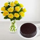 VASE ARRANGEMENT OF 10 YELLOW ROSES WITH CHOCOLATE CAKE