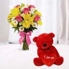 VASE ARRANGEMENT OF 15 MIX EXOTIC FLOWERS WITH CUTE 6 INCH TEDDY BEAR