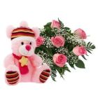 WONDERS OF LOVE 1 FEET HEIGHT CUTE TEDDY WITH BUNCH OF 6 BEAUTIFUL PINK ROSES